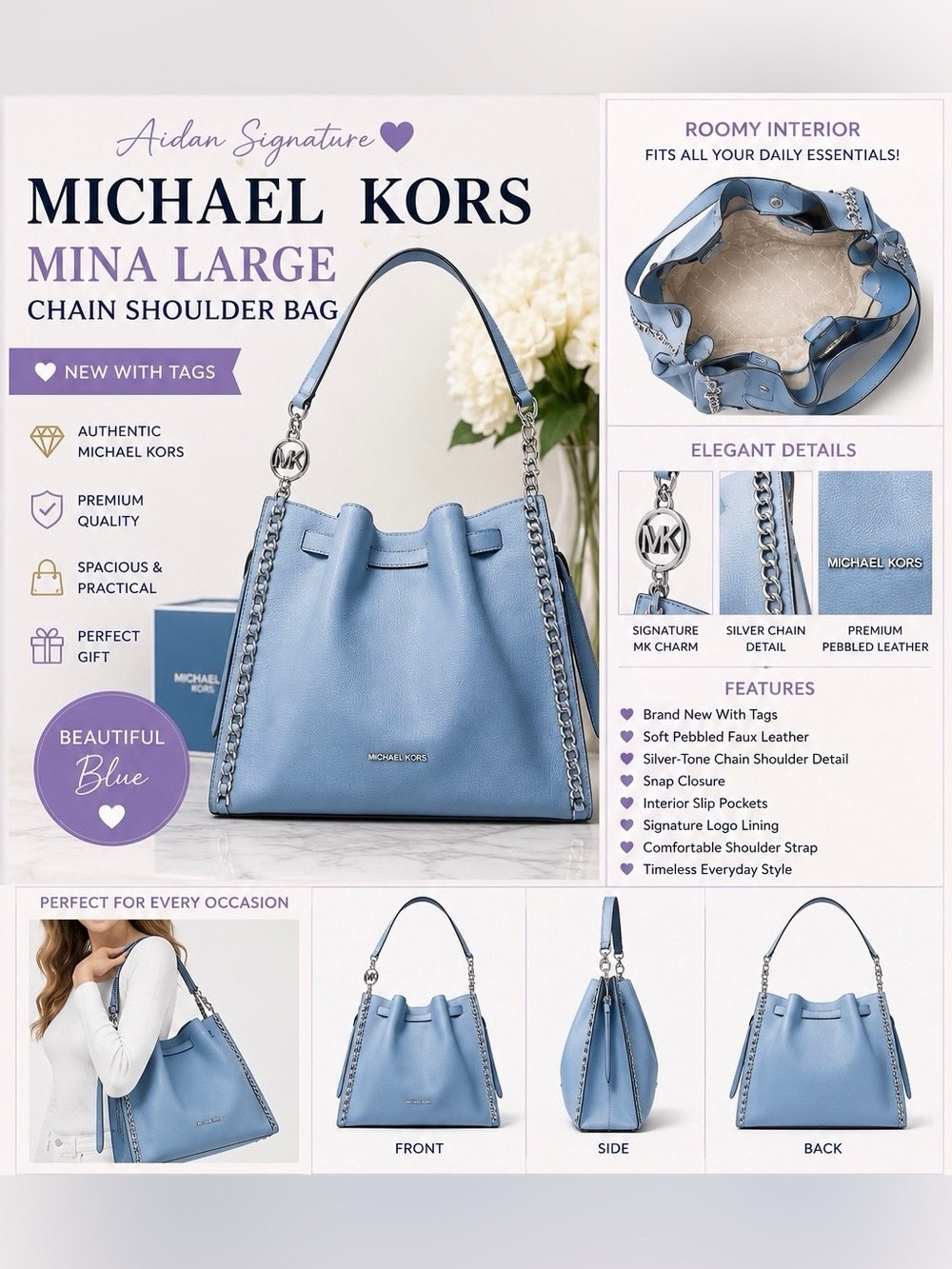 Michael Kors Mina Large Chain Shoulder Bag "Light Sky" NWOT - Picture 2 of 5